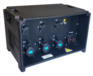 PBOX 32amp 3F+N+T 400/230V CUBE6438. IN 32A5P. OUT 3x Schuko, 3x 32A3P. MTD A, 6kA.